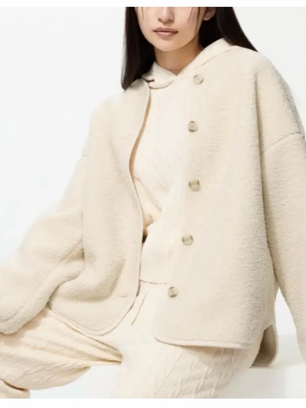 Uniqlo Cream Teddy Fleece Hooded Jacket